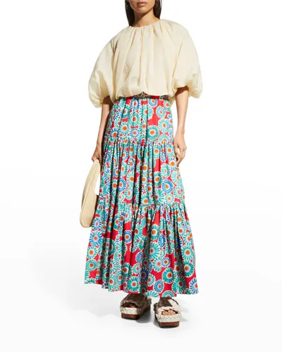 La Doublej Big Tiered Floral-print Cotton-poplin Maxi Skirt In Crazy Daisy