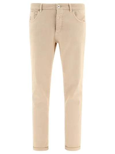 Brunello Cucinelli Straight Leg Logo Patch Pants In Beige