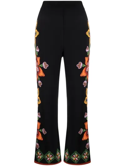 La Doublej Stretch Floral-print Straight Trousers In Schwarz