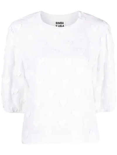 Bimba Y Lola Embroidered-hearts Half-sleeve Top In White