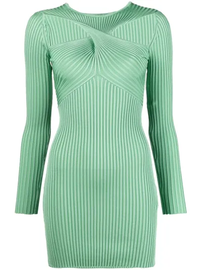 Self-portrait Ribbed Knit Viscose Blend Mini Dress In Green