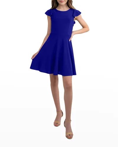 Un Deux Trois Kids' Girl's Flutter Short-sleeve Dress In Cobalt