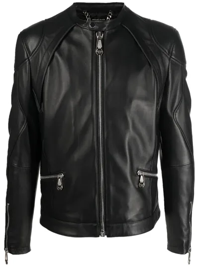 Philipp Plein Zip-through Biker Jacket In Brown