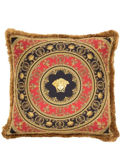 Versace Baroque-print Frayed-edge Cushion In Yellow