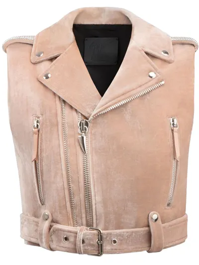 Giuseppe Zanotti Amelia Crystal Cropped Biker Jacket In Brown