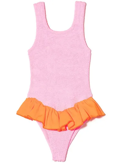 Hunza G Kids' Duo Denise Crinkled Swimsuit In Bubblegumorange