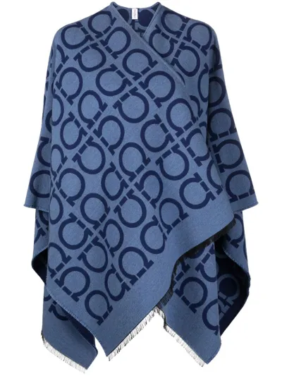 Ferragamo Blue Ganchini Monogram Wool Poncho In Blau