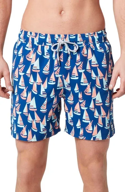 Tom & Teddy Boat Print Swim Trunks In Blue