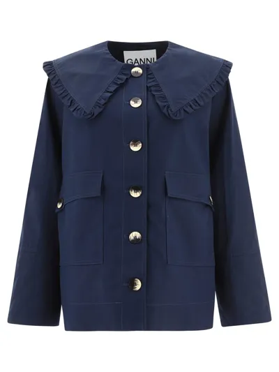 Ganni Jacket With Flounce Collar In Blue