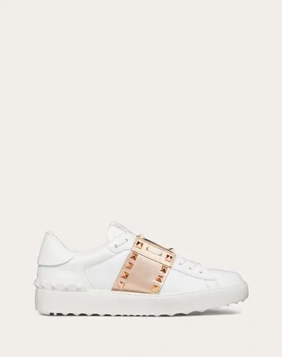 Valentino Garavani White Leather Rockstud Untitled Sneakers With Gold Rose Band