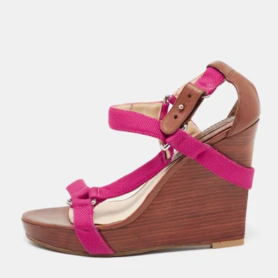 Pre-owned Celine Céline Pink Canvas T-strap Wedge Slingback Sandals Size 39