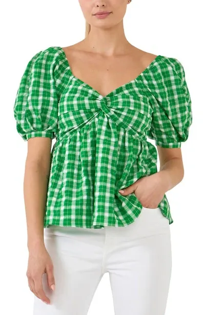 English Factory Twist Front Gingham Puff Sleeve Top In Green