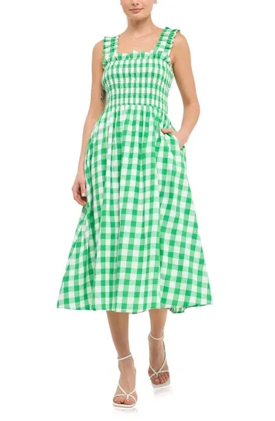 English Factory Check Print Smocked Midi Sundress In Green