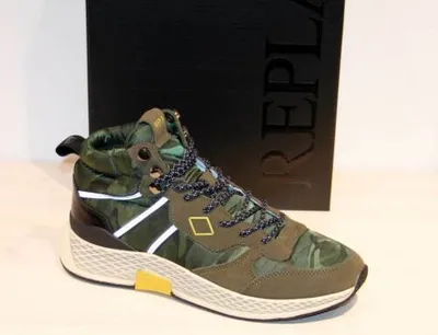 Pre-owned Replay Leder/textil Running Sneaker Schnürer - Harry Military Green - Neu&ovp