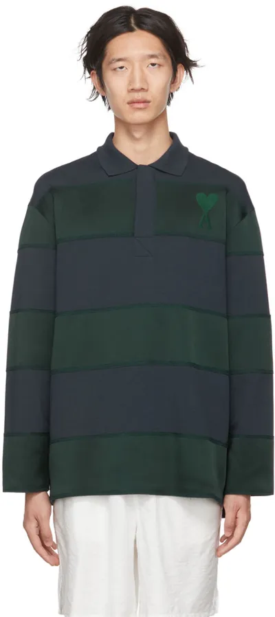 Ami Alexandre Mattiussi Ssense Exclusive Navy & Green Ami De Cœur Polo In Navy/evergreen