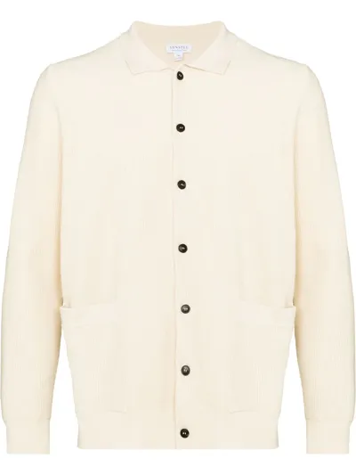 Sunspel Cutaway-collar Buttoned Cotton-knit Jacket In Neutral