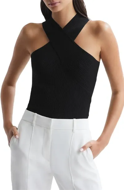 Reiss Lily Rib Crossover Halter Tank In Black