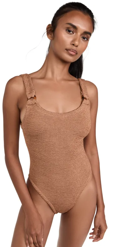 Hunza G Domino Scoop-neck Crinkle-knit Swimsuit In Brown