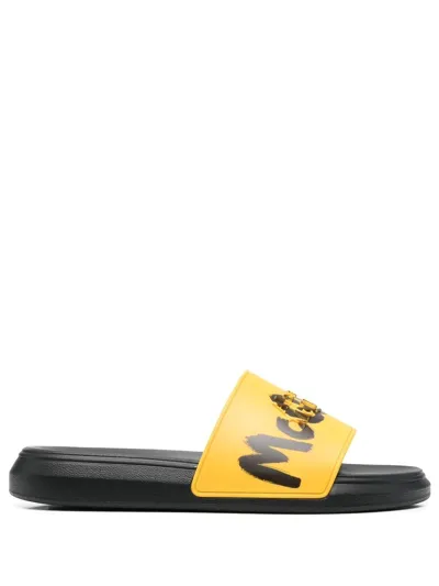 Alexander Mcqueen Graffiti Logo Open Toe Slides In Yellow