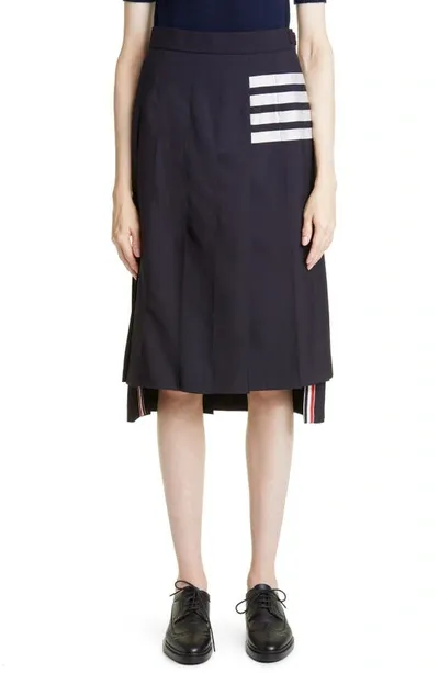 Thom Browne Drop Back Pleated Wool Skirt In Blue