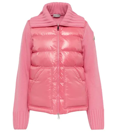 Moncler Down-paneled Wool Knit Cardigan In Pink