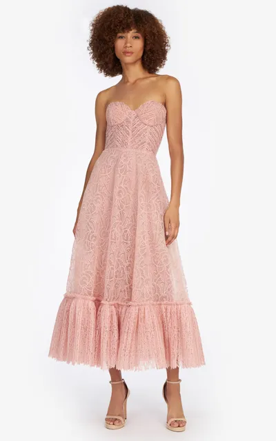 Costarellos Elodie Gosamer Lace Corset Midi Dress In Pink