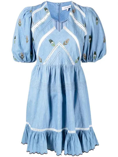 Lug Von Siga Emma Ruffled Embroidered Cotton-chambray Mini Dress In Blue