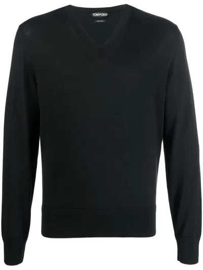 Tom Ford Fine-knit V-neck Jumper In Blue