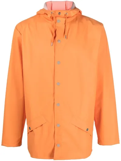 Rains Drawstring-hood Buttoned Rain Jacket In Orange