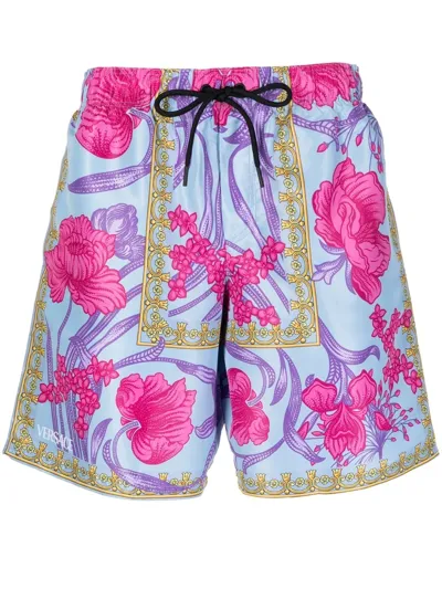 Versace Art Deco Floral Silk Shorts In 蓝色