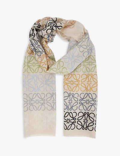 Loewe Wool-blend Anagram Lines Scarf In Neutral