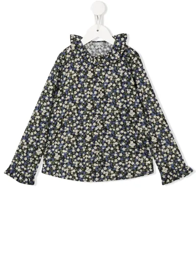 Il Gufo Kids' Floral-print Ruffle-collar Shirt In Green