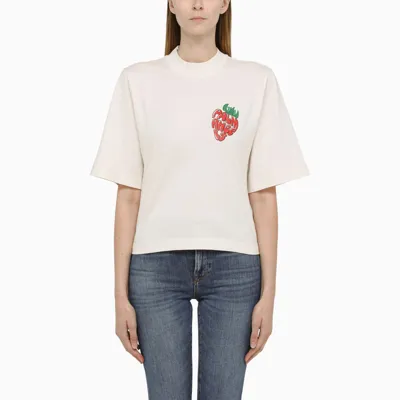 Palm Angels Butter-coloured Cotton Crew Neck T-shirt In Red