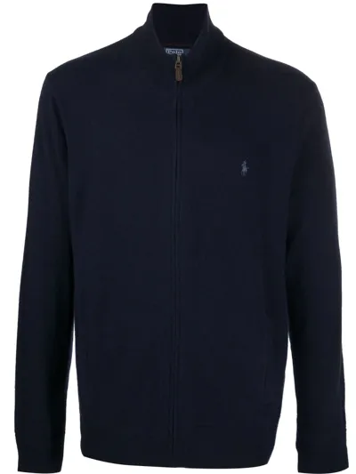 Polo Ralph Lauren Logo-embroidered Waffle-knit Cotton Zip-up Cardigan In Blue