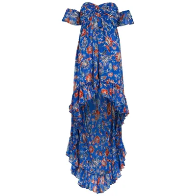 Misa Xirena Printed Chiffon Maxi Dress In Blue