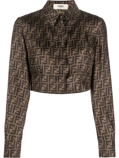 Fendi Ff Monogram Cropped Silk Shirt In Mud,tobacco