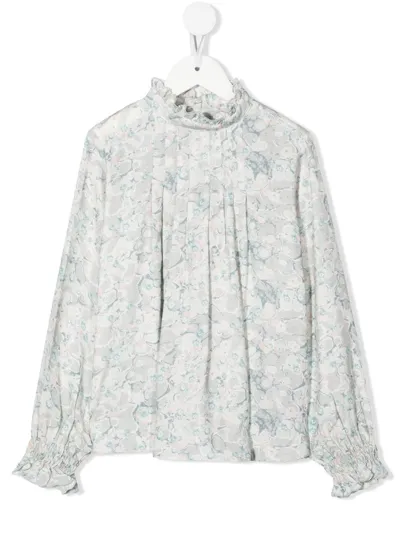 Chloé Kids' Ruffle-trim Marble-print Blouse In Green