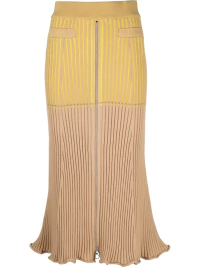 Rabanne Bicolored Ribbed Knitted Midi Skirt In Yellow