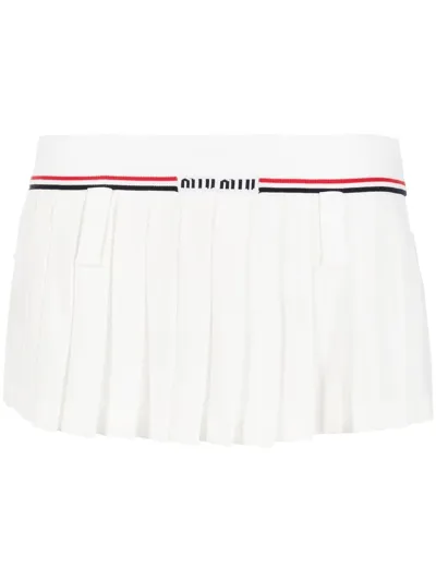 Miu Miu Logo Intarsia Pleated Mini Skirt In White