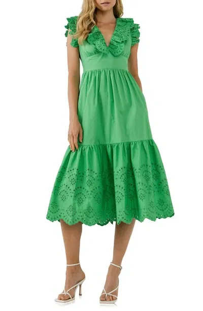 English Factory Eyelet Trim Cotton Midi Dress In Green