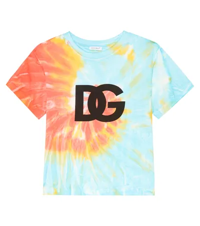 Dolce & Gabbana Kids' Jersey T-shirt With Tie-dye Dg Logo Print In Neutral