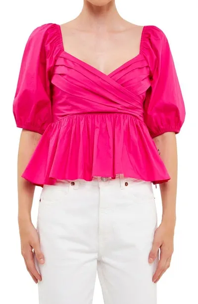 English Factory Shirring Detail Puff Sleeve Top In Pink