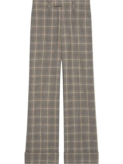 Gucci Wool And Linen Trousers With Prince Of Wales Motif In Grey