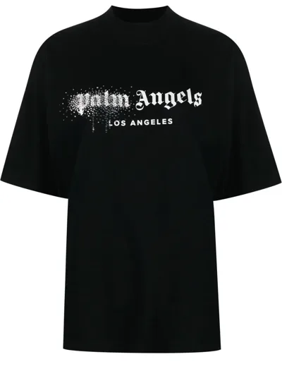 Palm Angels Embellished Spray Logo Cotton T-shirt In Black White