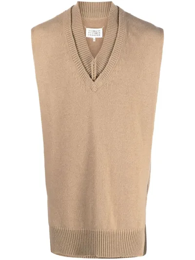 Maison Margiela Layered-detail V-neck Sweater In Brown