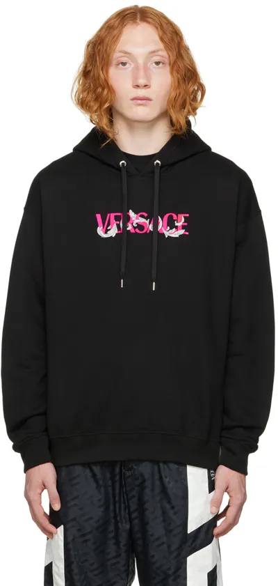 Versace Baroque Embroidered Cotton Logo Hoodie In Black