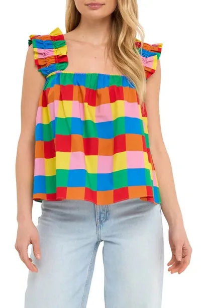 English Factory Rainbow Check Ruffle Strap Cotton Tank In Multi