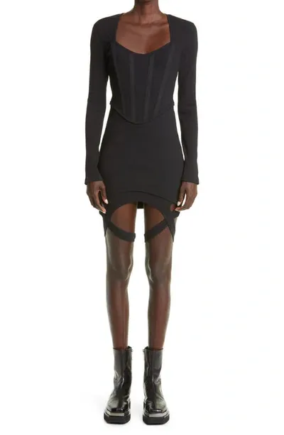 Dion Lee Long Sleeve Organic Cotton Rib Corset Dress In Black