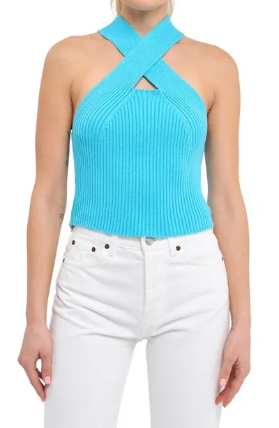 Endless Rose Crossover Rib Halter Tank In Blue