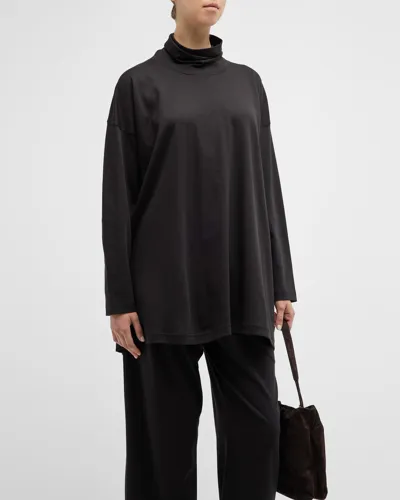 Eskandar A-line Long-sleeve Scrunch Neck Cashmere Top (long Length) In Black